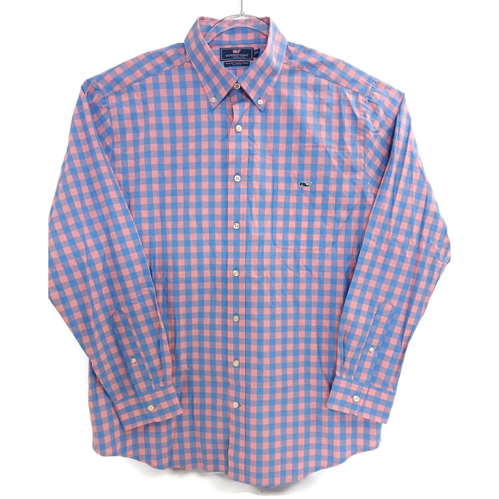 Vineyard Vines Shirt Mens Extra Large Pink Blue Gingham Slim Fit‎ Tucker Cotton